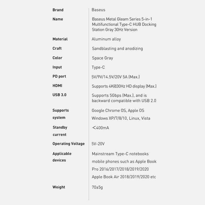 Baseus Metal Series multifunkčný USB HUB 5v1 USB Type C PD 100W HDMI sivý (WKWG020013)