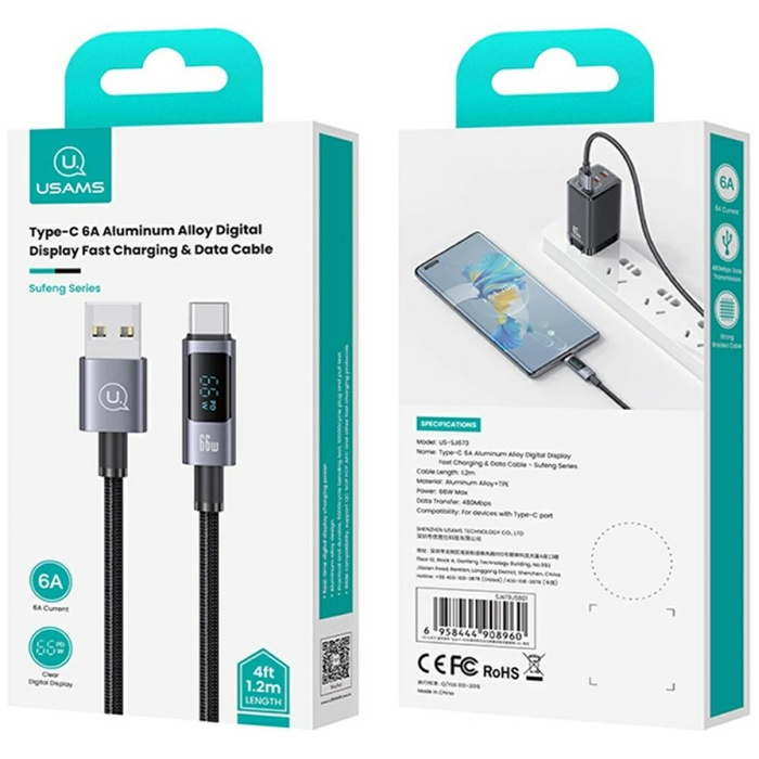 Kabel USAMS Sufeng Series 66W 6A Fast Charging USB-C do USB-A 1.2m US-SJ673 Matowy