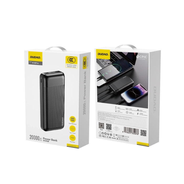 Dudao K18 Pro Powerbank 20000 mAh USB-A / USB-C / Micro USB - Schwarz