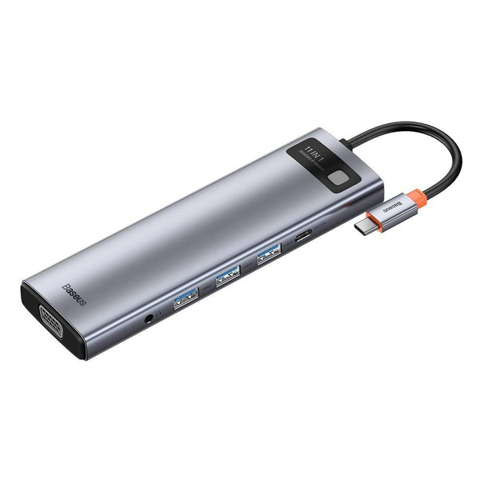 Baseus Metal Gleam 11in1 Multifunktions-HUB USB Typ C - 3x USB 3.2 Gen 1 5Gbps / USB Typ C PD 100W / 3,5 mm Miniklinke AUX / VGA Full HD 60Hz / 2x HDMI 4K 30Hz / TF und SD Kartenleser / RJ45 1Gbps grau (CAHUB-CT0G)
