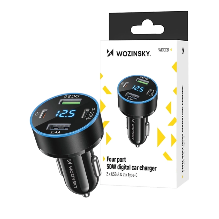 Wozinsky WDCCB Autoladegerät mit Display 50W 2xUSB-C / 2xUSB-A - Schwarz