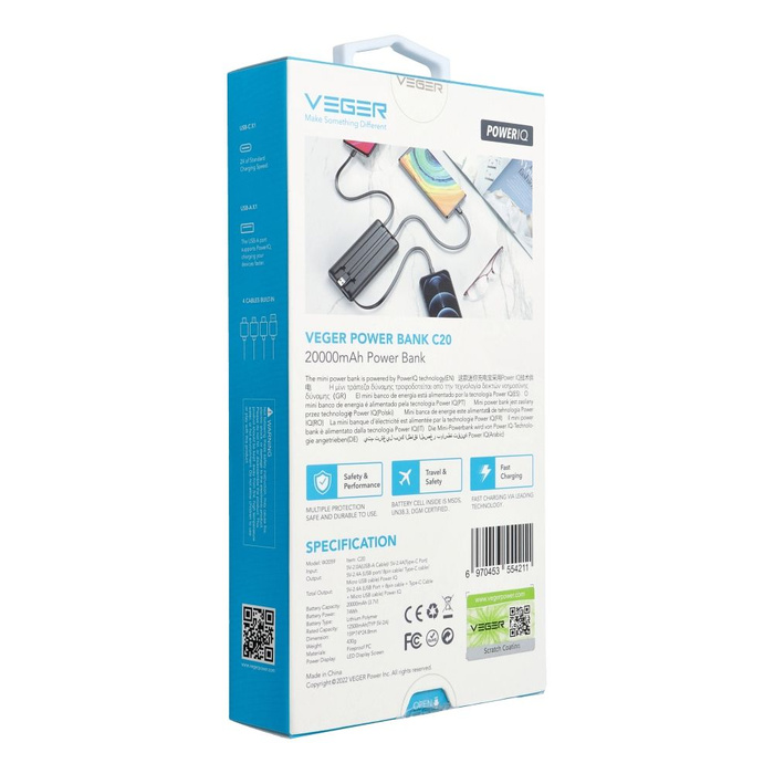 Powerbank Veger C20 (W2047 / W2059) 20000 mAh z wbudowanymi kablami Micro USB / Typ C / Lightning czarny