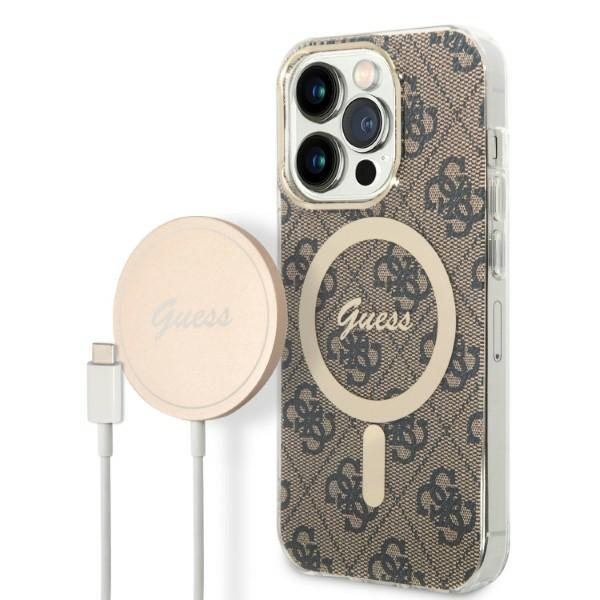 Kit Telefontok Guess Case+ töltő iPhone 14 Pro 6.1" barna/barna kemény case 4G nyomtatás MagSafe