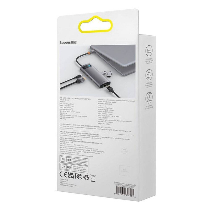 Baseus Metal Gleam Series HUB 7 in 1 Docking Station USB di tipo C - 2 x HDMI / 3 x USB 3.2 Gen. 1/1 x Power Delivery / 1 x RJ-45 Ethernet Grigio (WKWG040113)