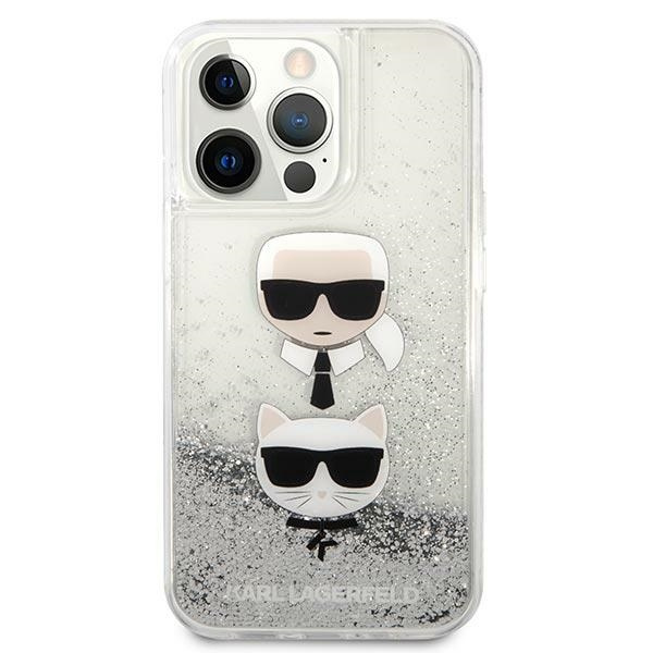 Hülle KARL LAGERFELD Apple iPhone 13 13 Pro Liquid Glitter Karl&amp;Choupette Head Silber Hardcase