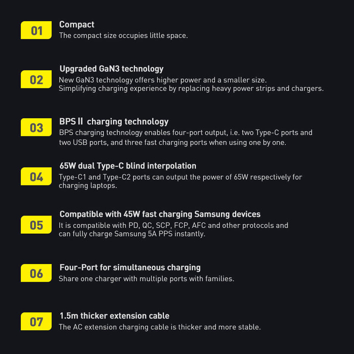 Baseus GaN3 Pro rychlá nabíječka GaN 2 x USB Type C / 2 x USB 65W PD, QC4.0 +, AFC + USB Type C - USB Type C kabel 1m černý (CCGP040101)