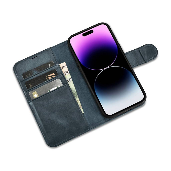 iCarer Oil Wax Wallet Case 2v1 Case iPhone 14 Pro Max Leather Flip Cover Anti-RFID Blue (WMI14220724-BU)