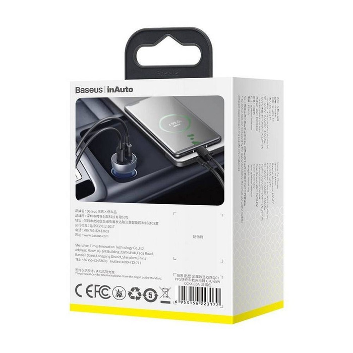 Baseus USB / USB caricabatteria per auto Tipo C 65 W 5 A SCP Quick Charge 4.0+ Power Delivery 3.0 Schermo LCD grigio (CCKX-C0G)