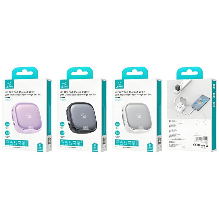 USAMS Kabel rozwijany 3w1 z pudełkiem MicroUSB/USB-C/Lightning 60W srebrny/silver SJ650USB02 (US-SJ650)