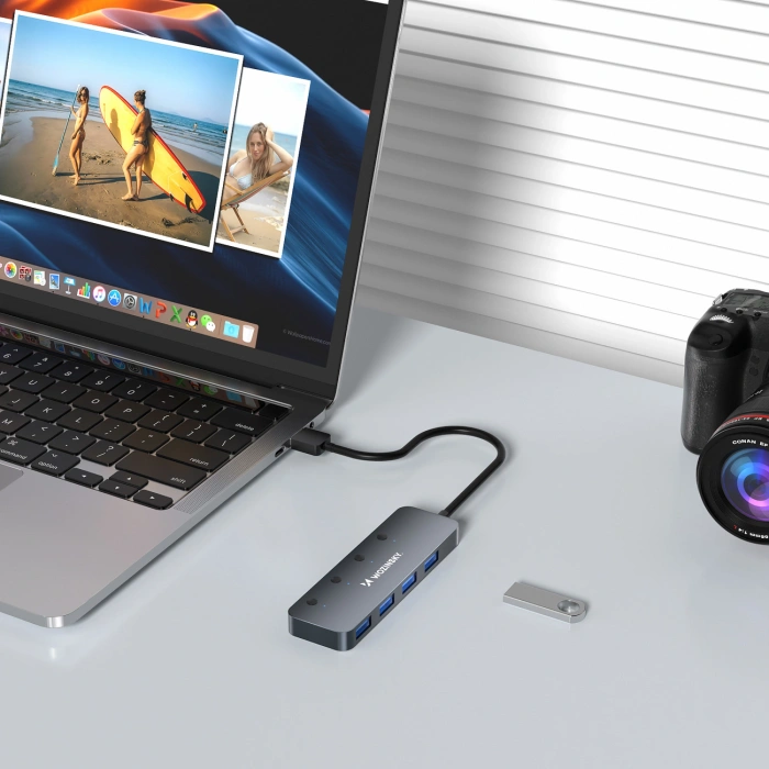 Hub USB-A Wozinsky WHS080YSS 4 x USB-A 3.0 z indywidualnymi włącznikami, aluminowy, z kablem 15 cm - szary