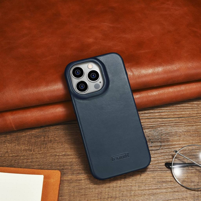 Kožené pouzdro iCarer CE Oil Wax Premium Leather Folio Case pro iPhone 14 Pro Flip Magnetic MagSafe Blue (AKI14220706-BU)