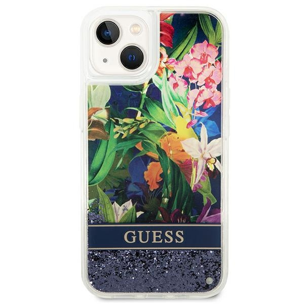 Case GUESS Apple iPhone 14 Flower Liquid Glitter Blue Hardcase