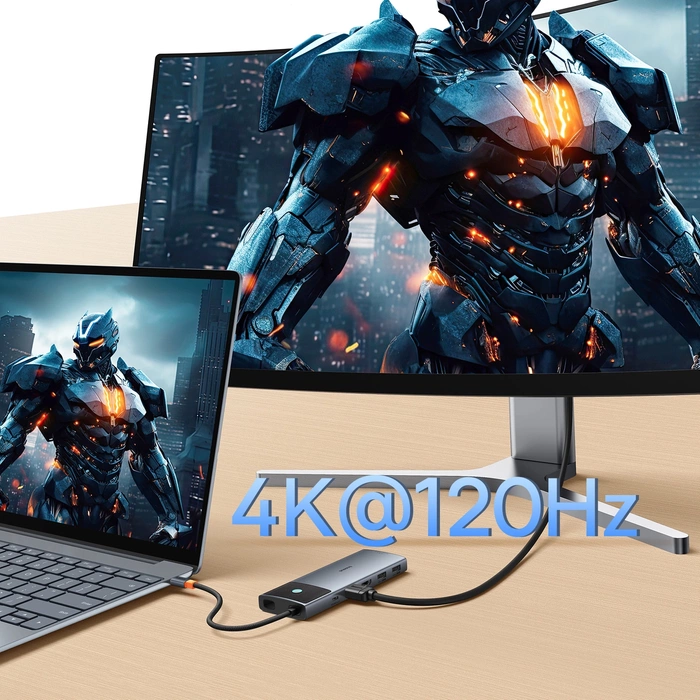 HUB 10in1 Baseus Metal Gleam Serie II Da USB-C a HDMI 4K 120Hz / HDMI 4K 60Hz / USB-A 10Gb/s / 2xUSB-A 480Mb/s / USB-C 10Gb/s / RJ45 / SD / TF / USB-C PD - grigio