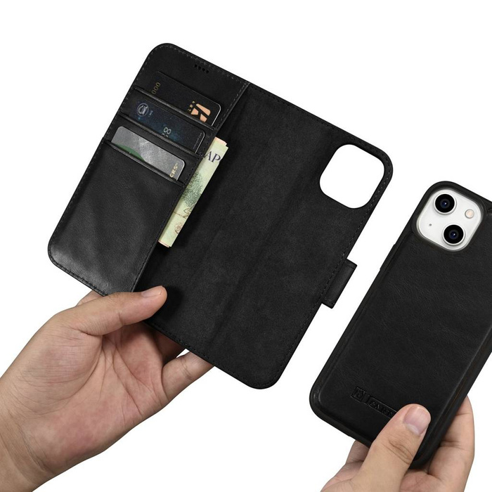 iCarer Oil Wax Wallet Case 2in1 case iPhone 14 Plus Leather Flip Cover Anti-RFID negro (WMI14220723-BK)