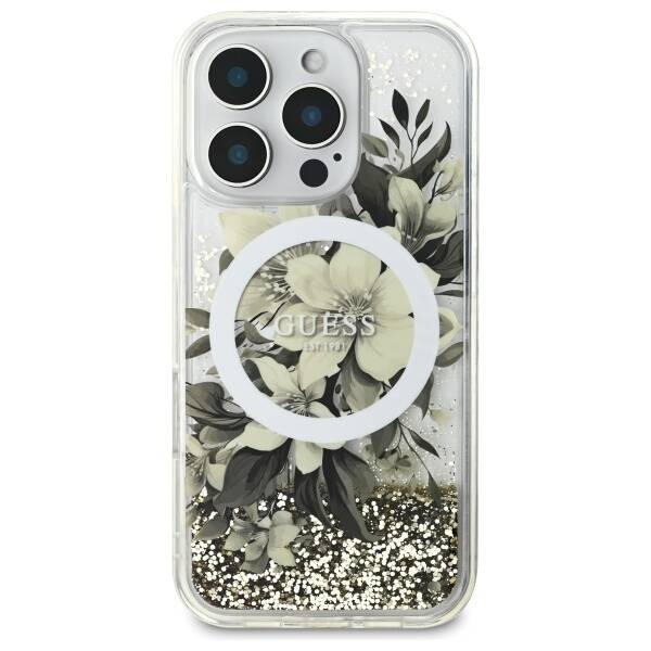 Etui Guess iPhone 16 Pro 6.3" beżowy/beige hardcase Liquid Glitter Flower MagSafe