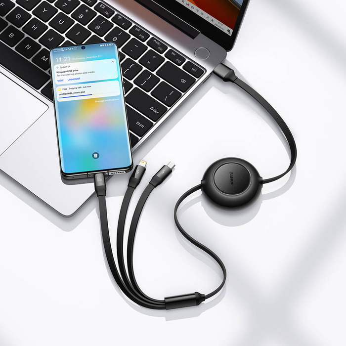 Baseus Bright Mirror 2 cable retráctil 3en1 USB tipo A - micro USB + Lightning + USB tipo C 66W 1,1m negro (CAMJ010101)