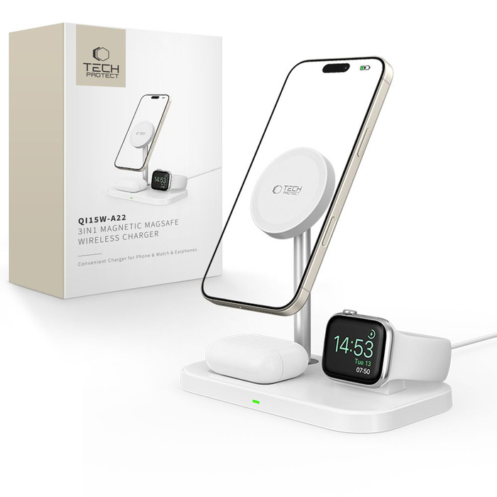 TECH-PROTECT QI15W A22 3V1 MagNETIC MagSafe BEZDRÁTOVÁ NABÍJEČKA BÍLÁ