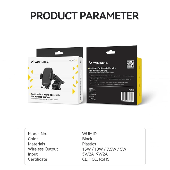 Support voiture Wozinsky WUMID avec chargeur inductif 15W pour tableau de bord - noir