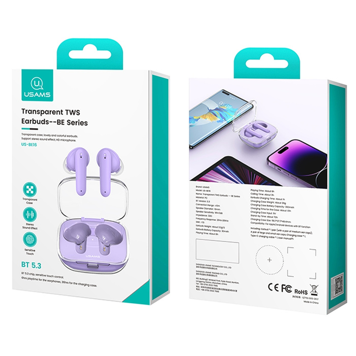USAMS Słuchawki Bluetooth 5.3 TWS BE series earbuds bezprzewodowe niebieski/blue US-BE16