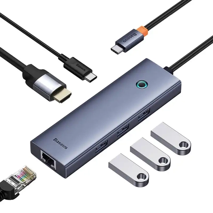 Hub 6w1 Baseus UltraJoy  USB-C do HDMI4K@30Hz+3xUSB 3.0+PD+RJ45 (szary)