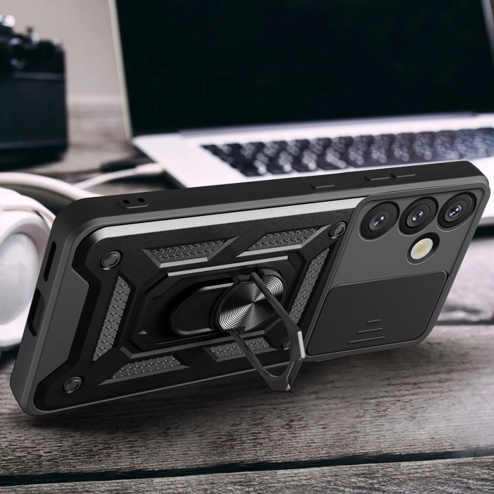 Hybrid Armor Camshield-Hülle mit Kameraabdeckung und Metallring für Samsung Galaxy S25+ – Schwarz