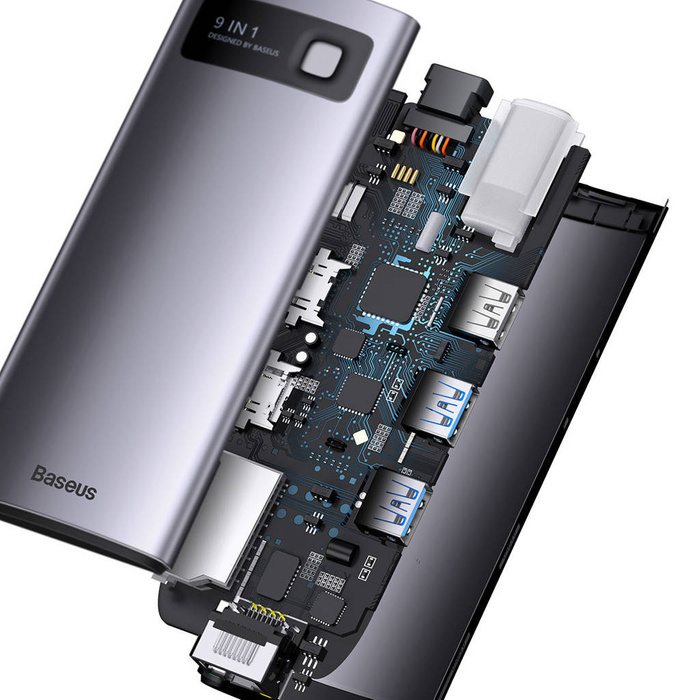 Baseus Metal Gleam Series Docking Station HUB 9 in 1 USB tipo C - 2 x HDMI / 2 x USB 3.2 Gen. 1/1 x USB 2.0 / 1 x Power Delivery / 1 x lettore di schede SD / 1 x lettore di schede TF / 1 x RJ-45 grigio (WKWG060013)