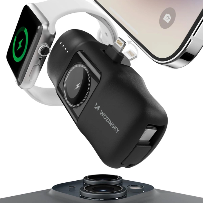Mini powerbank Wozinsky WF16-YLS 5000mAh 15W Lightning z wbudowanym kablem USB-C i ładowarką do Apple Watch - czarny