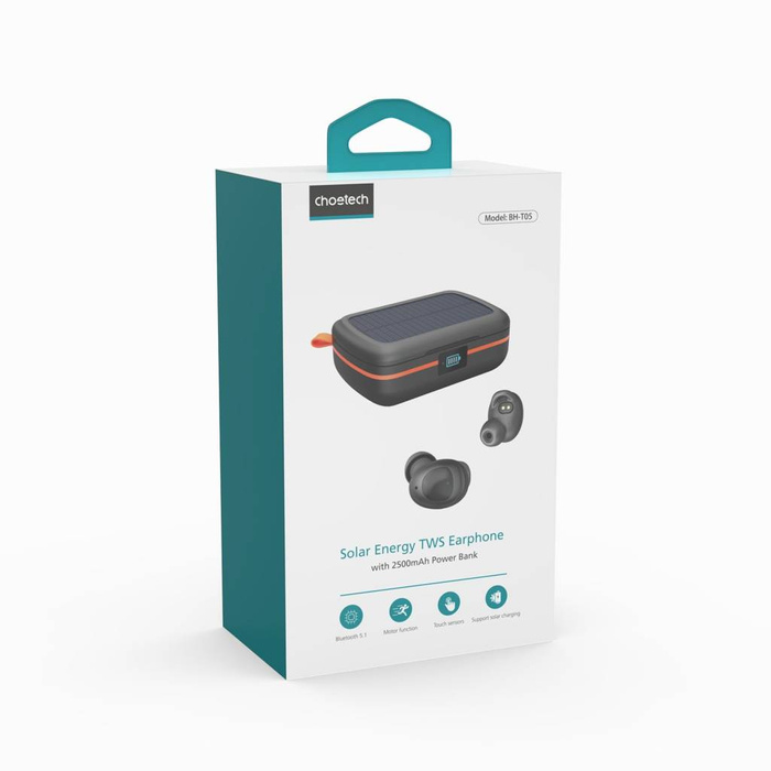 Choetech cuffie wireless TWS impermeabile con pannello solare e powerbank integrato da 2500mAh nero (BH-T05)