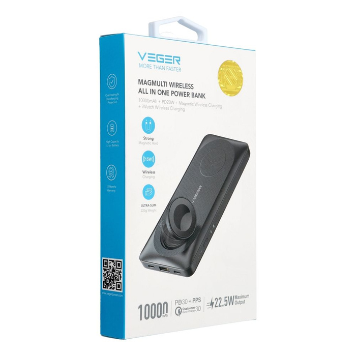 VEGER powerbank 10000 mAh z ładowaniem indukcyjnym kompatybilny z MagSafe PD QC3.0 3A 22,5W MagMulti (W1156) czarny