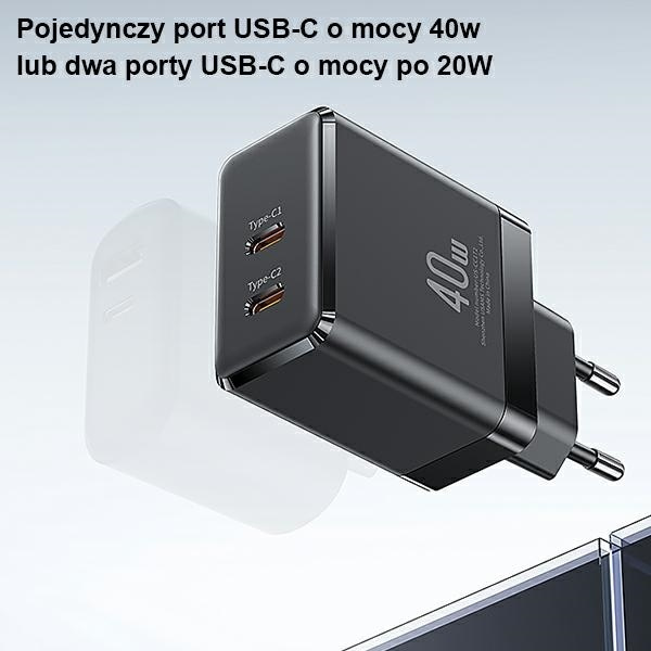 USAMS Ład. siec. 2xUSB-C T54 40W (only head) PD Fast Charging biały/white CC172TC02 (US-CC172)