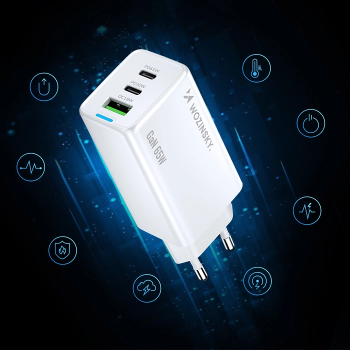 Wozinsky GaN 65W Ladegerät mit 2xUSB-C USB-Anschlüssen mit 65W CC-Kabel - Weiß