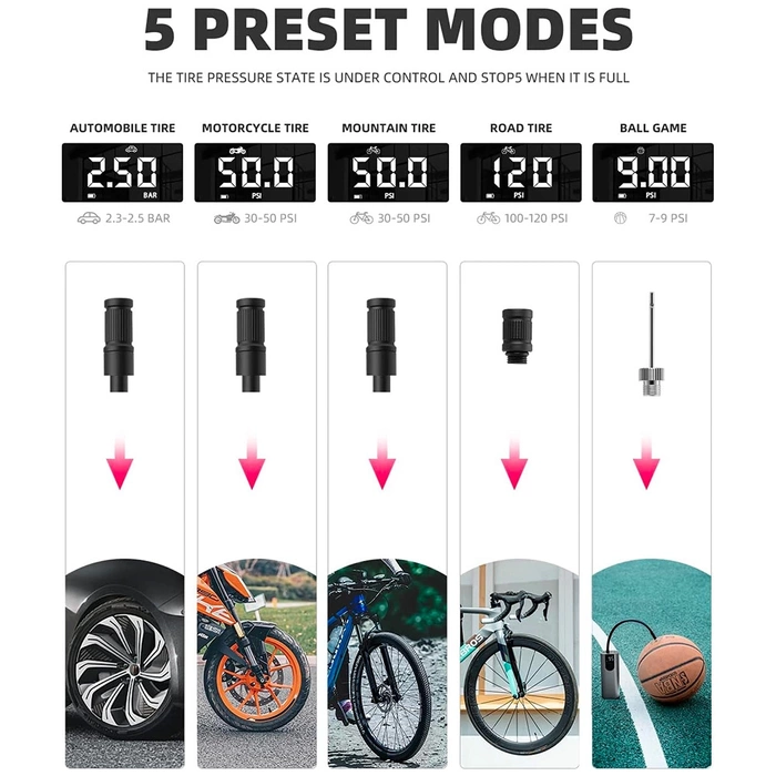 Pompe à vélo électrique Rockbros 42720001001 avec écran LED + USB-C - Câble USB-A - noir