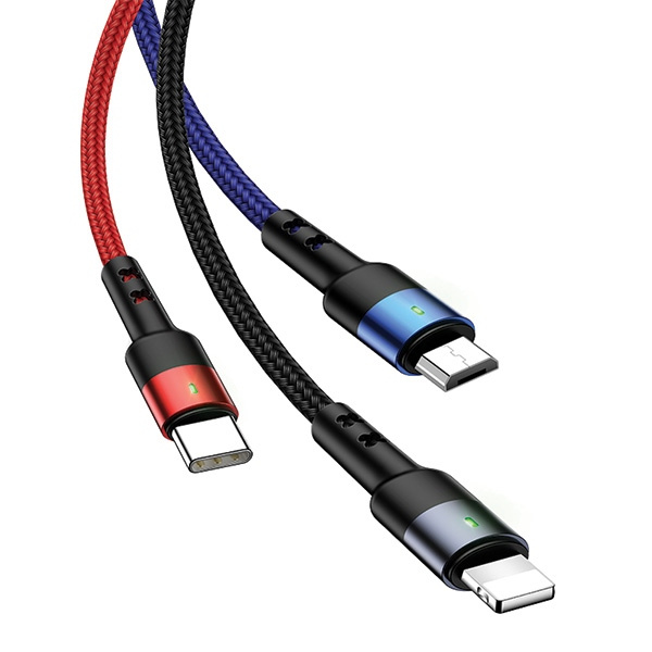 USAMS Flechtkabel 3in1 Lightning MicroUSB USB-C 2A Schnellladung 0.35m Schwarz