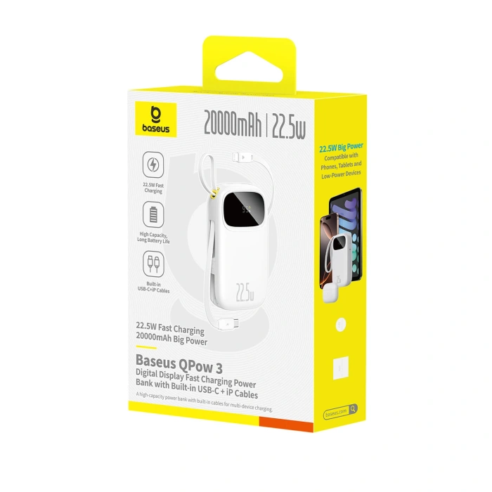 Powerbank Baseus EnerFill FC31 20000mAh 22.5W z wyświetlaczem cyfrowym i 2 wbudowanymi kablami (USB-C + Lightning) - biały