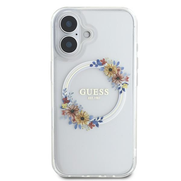 Etui Guess iPhone 16 Plus 6.7" przeźroczysty/transparent hardcase IML Flowers Wreath MagSafe