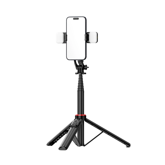 Selfie stick WC12YDS 1.3m aluminum alloy telescopic tripod with dual lamp and phone holder - black