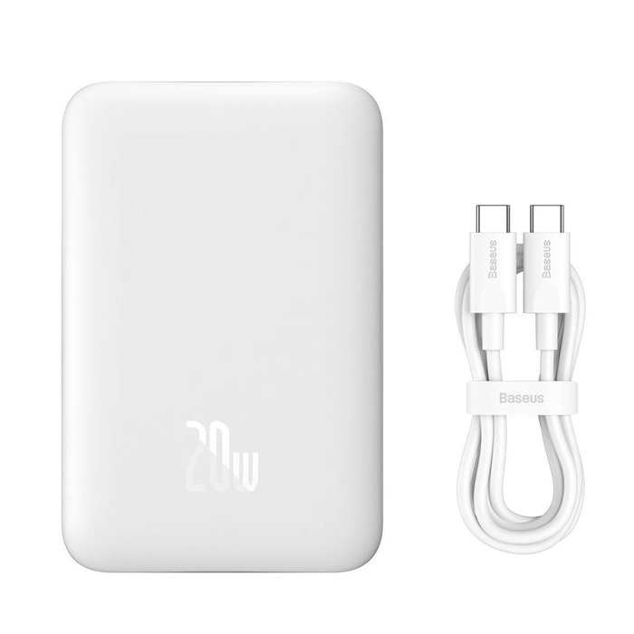Baseus Magnetic Mini powerbanka s indukčním nabíjením MagSafe 15W / rychlé nabíjení PD QC 20W 10000mAh bílá (Overseas Edition) + Xiaobai Series kabel USB-C - USB-C 60W 3A 0,5m bílá