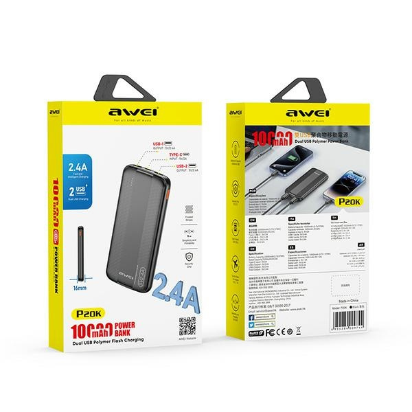 AWEI PowerBank P20K 10000mAh czarny/black