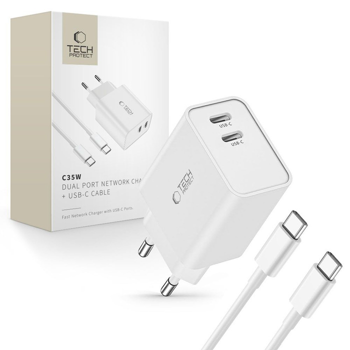 Tech-protect C35w 2 portos hálózati töltő Pd35w + C-típusú kábel Fehér