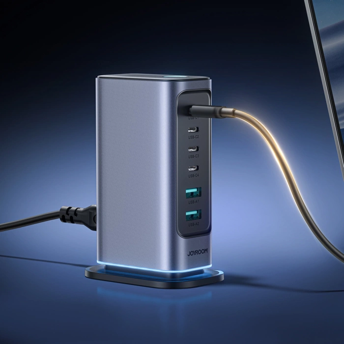 Joyroom JR-TCM02 Multiport GaN Ladegerät 65W EU 4x USB-C 2x USB-A - Dunkelgrau