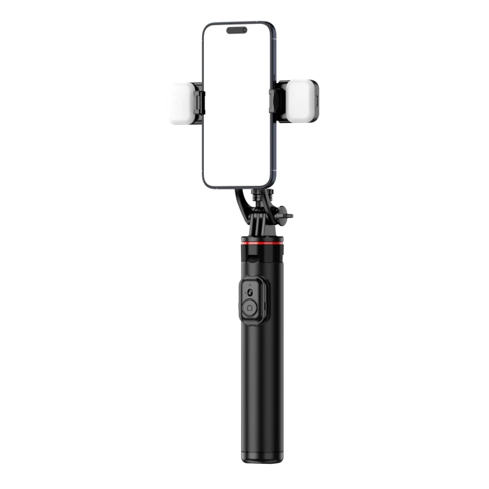 Selfie stick WC12YDS 1.3m aluminum alloy telescopic tripod with dual lamp and phone holder - black