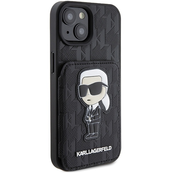 Karl Lagerfeld KLHCP15SSAKKNSCK iPhone 15 6,1" negro/negro durocase Saffiano Tarjetero y soporte Monograma Ikonik Patch
