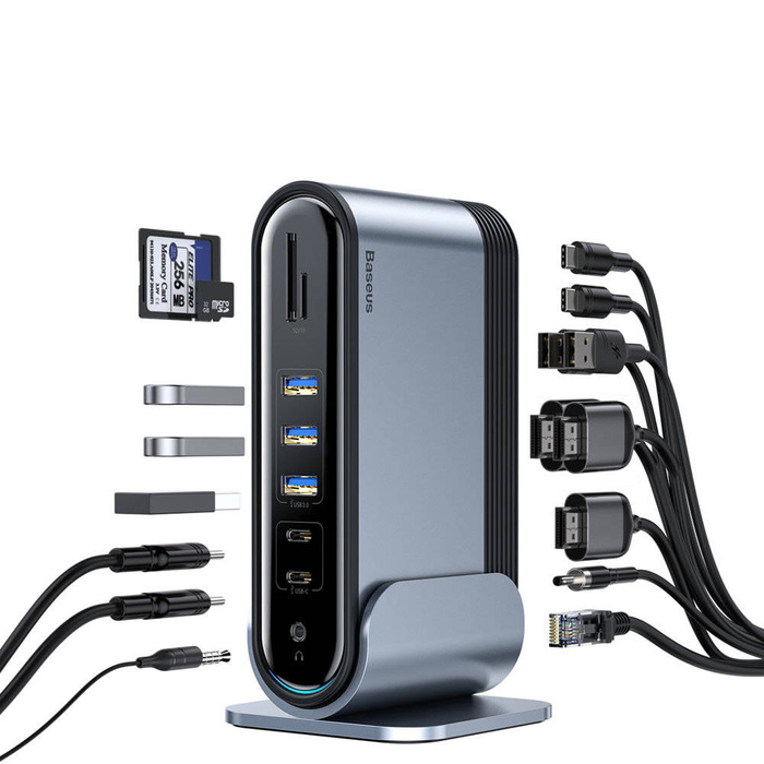 Baseus multifunkční HUB 3x USB 3.2 Gen 1 / 2x USB 2.0 / 2x USB Typ C / SD a micro SD / AUX / 3x HDMI / RJ45 1Gbps napájení 100 W (zástrčky EU / CN / UK) šedá (CAHUB-DG0G)