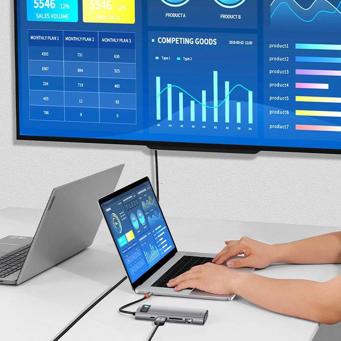 Baseus Metal Gleam 9in1 Multifunktions-HUB USB Typ C - 3x USB 3.2 Gen 1 5Gbps / USB Typ C PD 100W / VGA Full HD 60Hz / HDMI 4K 30Hz / Czytnik Kart TF i SD / RJ45 1Gbps grau (CAHUB-CU0G)