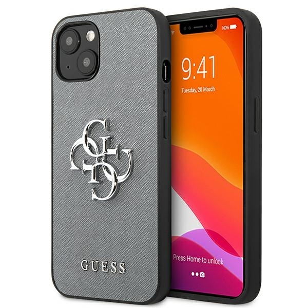 Hülle GUESS Apple iPhone 13 Mini Saffiano 4G Metall Logo Grau Hardcase