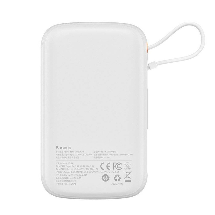 Banque d&#39;alimentation à affichage numérique Baseus Qpow avec charge rapide 10000mAh 20W QC/PD/SCP/FCP avec câble Lightning intégré blanc