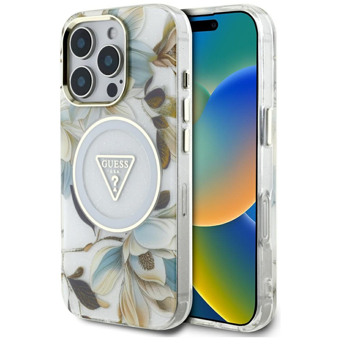 Etui Guess Glitter Flowers Triangle       Buttons MagSafe do iPhone 16 Pro biały