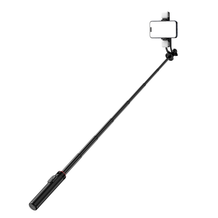 Selfie stick WC12YDS 1.3m aluminum alloy telescopic tripod with dual lamp and phone holder - black