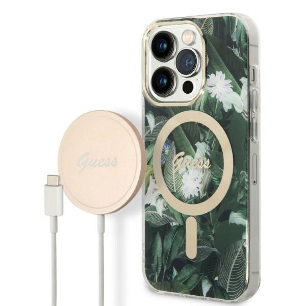 Kit Cover Guess Case+ Caricabatterie iPhone 14 Pro Max 6,7" verde/verde duro case Jungle MagSafe