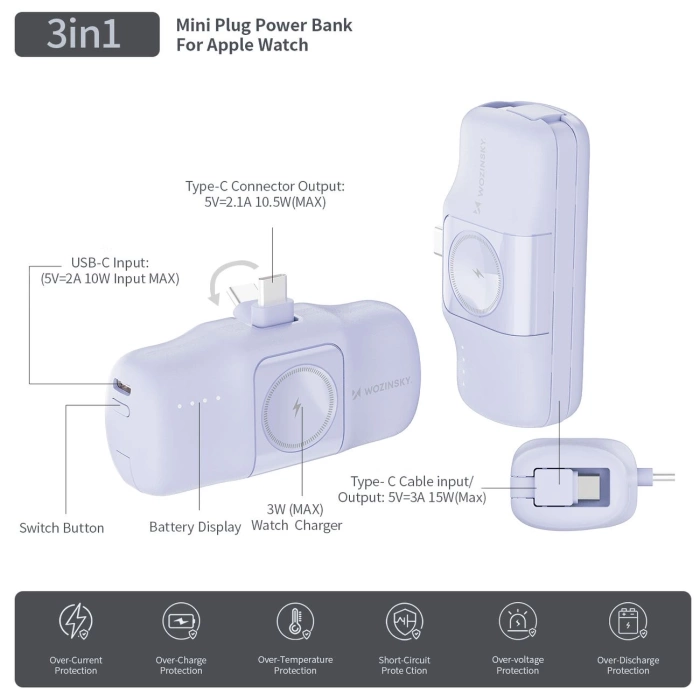 Mini powerbank Wozinsky WF16-YCS 5000mAh 15W USB-C z wbudowanym kablem USB-C i ładowarką do Apple Watch - fioletowy